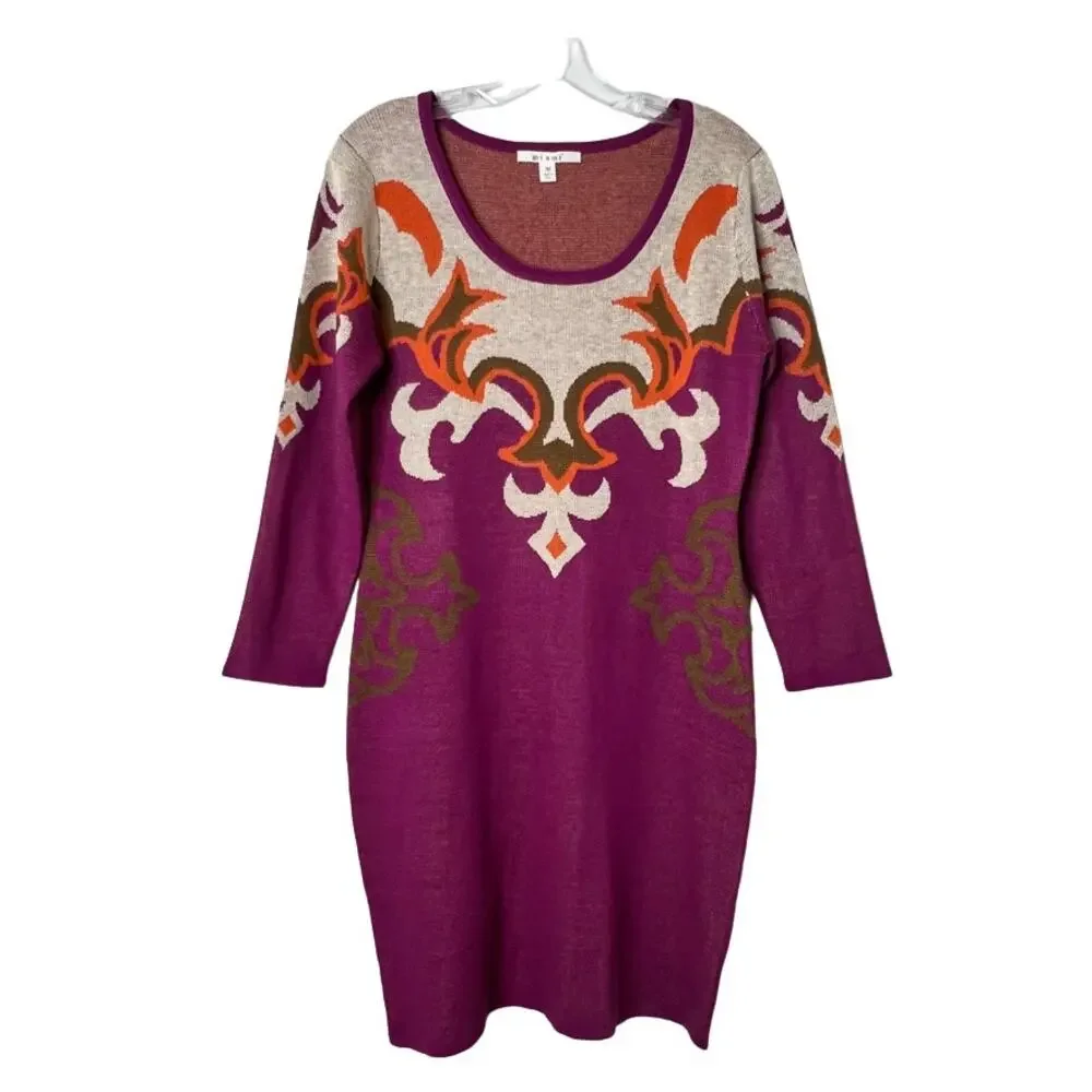 Francesca's Mi Ami Long Sleeve Knit Sweater Dress Purple Cream Womens Medium